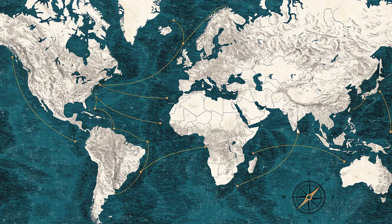 Engraved world map with deep teal oceans, pale continents and amber expedition routes arcing between ports
