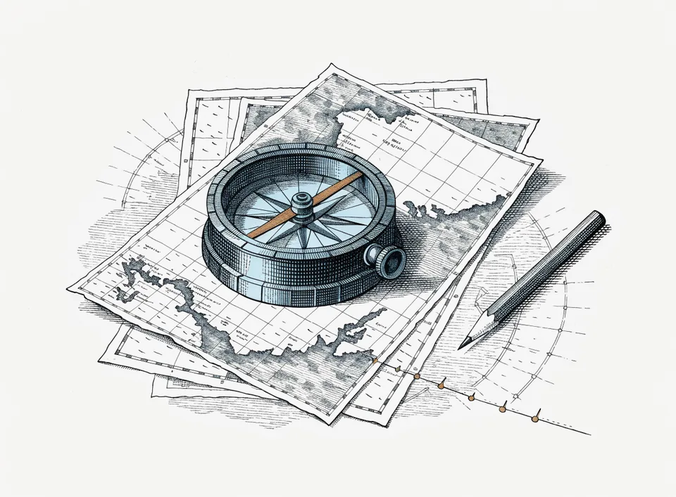Engraving of a navigation compass lying on layered sea charts beside a pencil