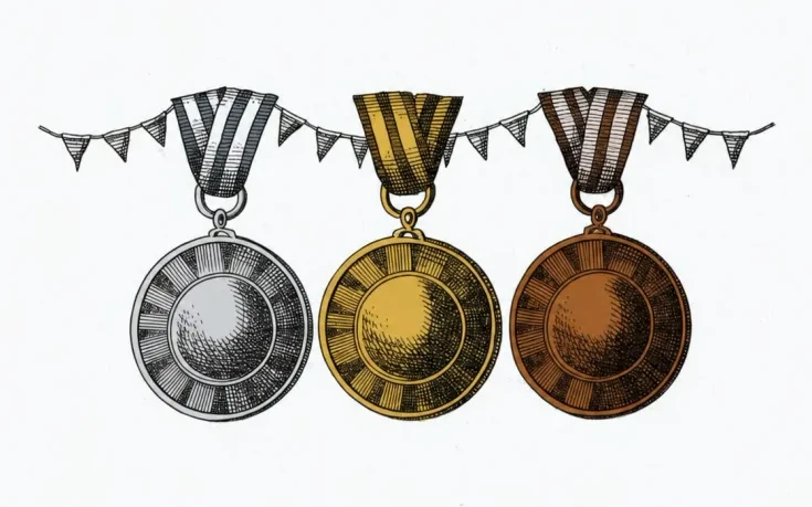 Engraving of silver, gold and bronze medals on striped ribbons beneath a string of pennants