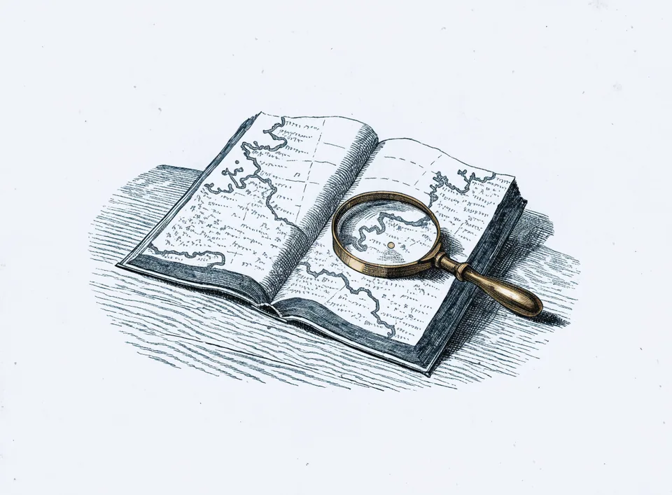 Engraving of an open atlas with a brass magnifying glass resting on a coastline