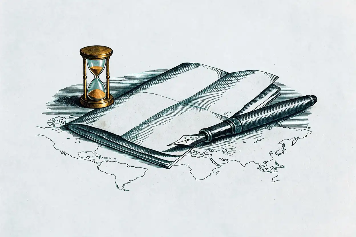 Engraving of a folded report sealed with amber wax, a fountain pen laid across it