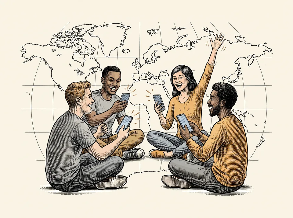 Engraving of four friends sitting in a circle in front of an outlined world map, each playing on their phone, one cheering with a raised hand
