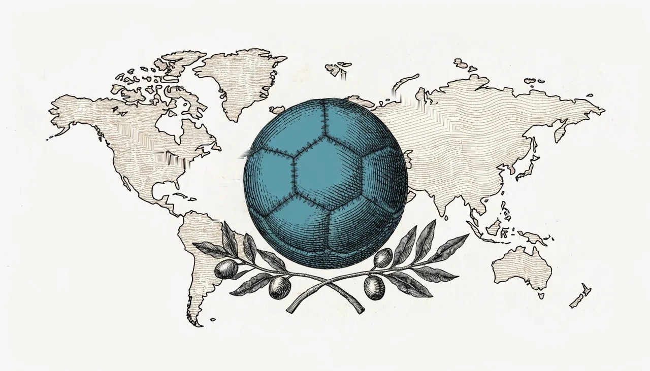 Engraving of a teal stitched football in front of a world map